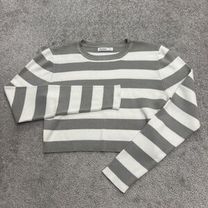 Aster Cropped Pullover Sweater Womens Medium Gray White Striped Crew Neck Casual